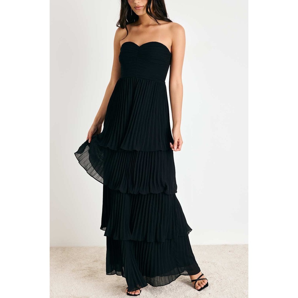 NWT Lulus Seriously Sensational Black Strapless Tiered Maxi Dress M Cocktail